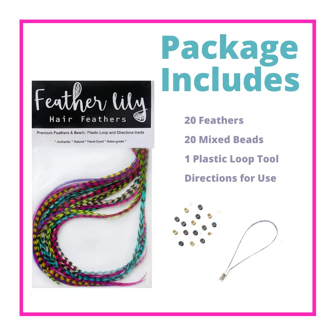 Feather Hair Extensions, 100% Real Rooster Feathers, Long Rainbow Colors, 20 Feathers with Bonus FREE Beads and Loop Tool Kit, By Feather Lily RAIN