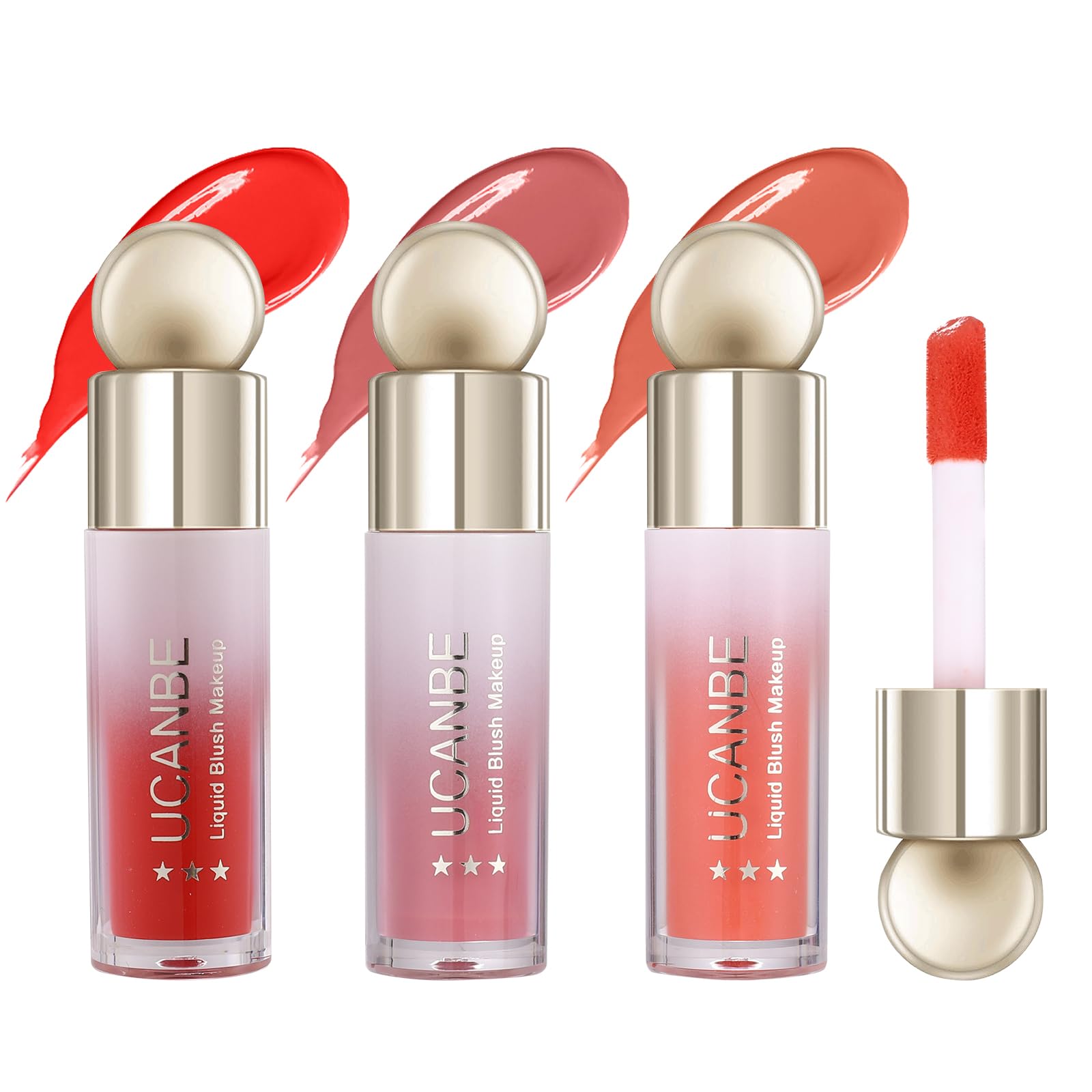 UCANBE 3PCS Liquid Blush Makeup Set – Dewy Cream Cheek Tint for Face – Blendable Long-Lasting Lightweight Natural Flushed Look (Cherry Red, Cool Pink, Light Orange)