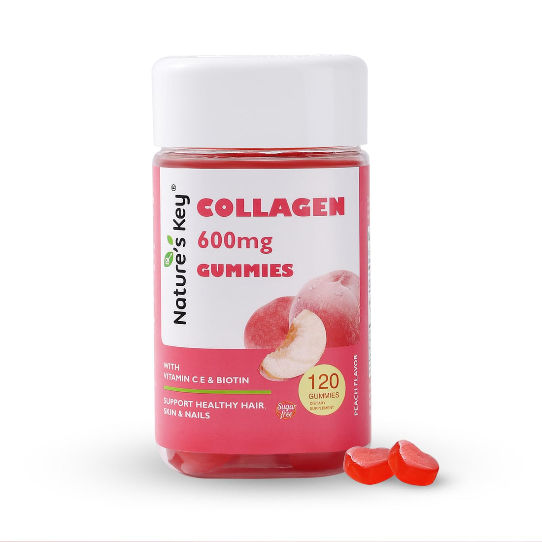 Nature's Key Collagen Gummies with Vitamins C, E & Biotin, 600mg Collagen Per Serving, Reduces Wrinkles & Promotes Skin Elasticity, Sugar Free Peach Flavor (120 Gummies, Pack of 1)