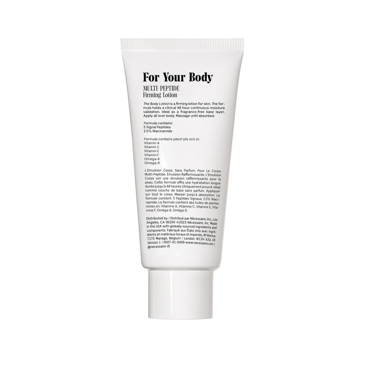 Nécessaire The Body Lotion Fragrance-Free. Firming Body Lotion for Women & Men. 48 Hour Moisture. 5 Peptides, 2.5% Niacinamide, Vitamin C/E + Omega 6/9. Non-Comedogenic. 6.8 fl oz.