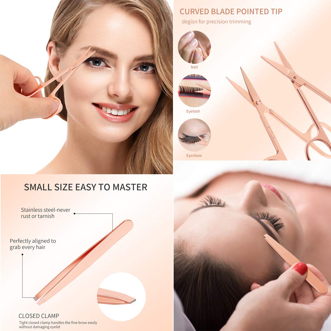 Arroyner 5 Pieces Eyelash Applicator Tool False Eyelashes Applicator Eyebrow Curler Eyebrow Scissors (Rose Golden)
