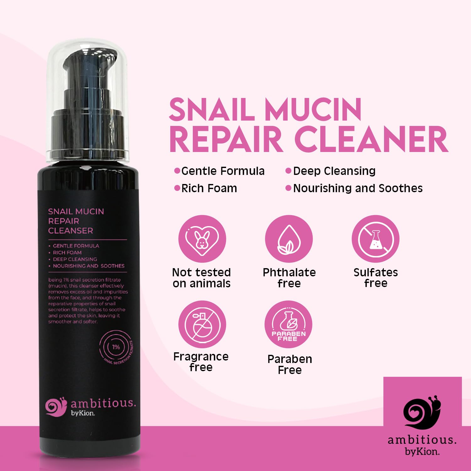 byKion ambitious Snail Mucin Cleanser 3.38 fl.oz 100ml, Hydrating Gel Cleanser for Face with 1% Snail Secretion Filtrate, Rich Daily Deep Cleansing Gel for All Skin Types | Asian Skincare