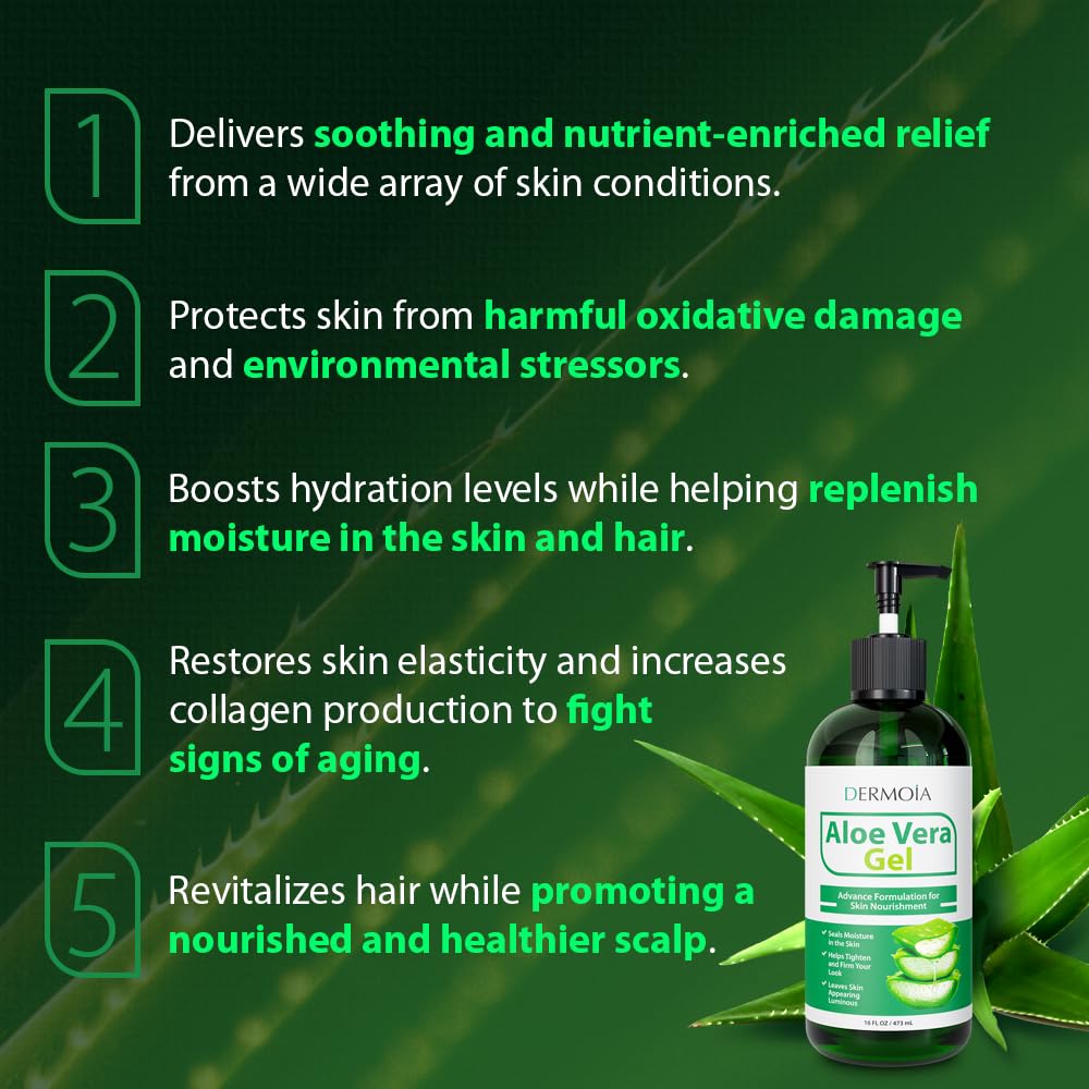 DERMOIA Aloe Vera Gel Body Moisturizer - Sunburn Relief Aloe Vera Gel for Skin with Apple Stem Cell, Cucumber & Violet Hydrosol - Hydrating Facial Moisturizer for Dry Skin - Scalp Moisturizer 16oz