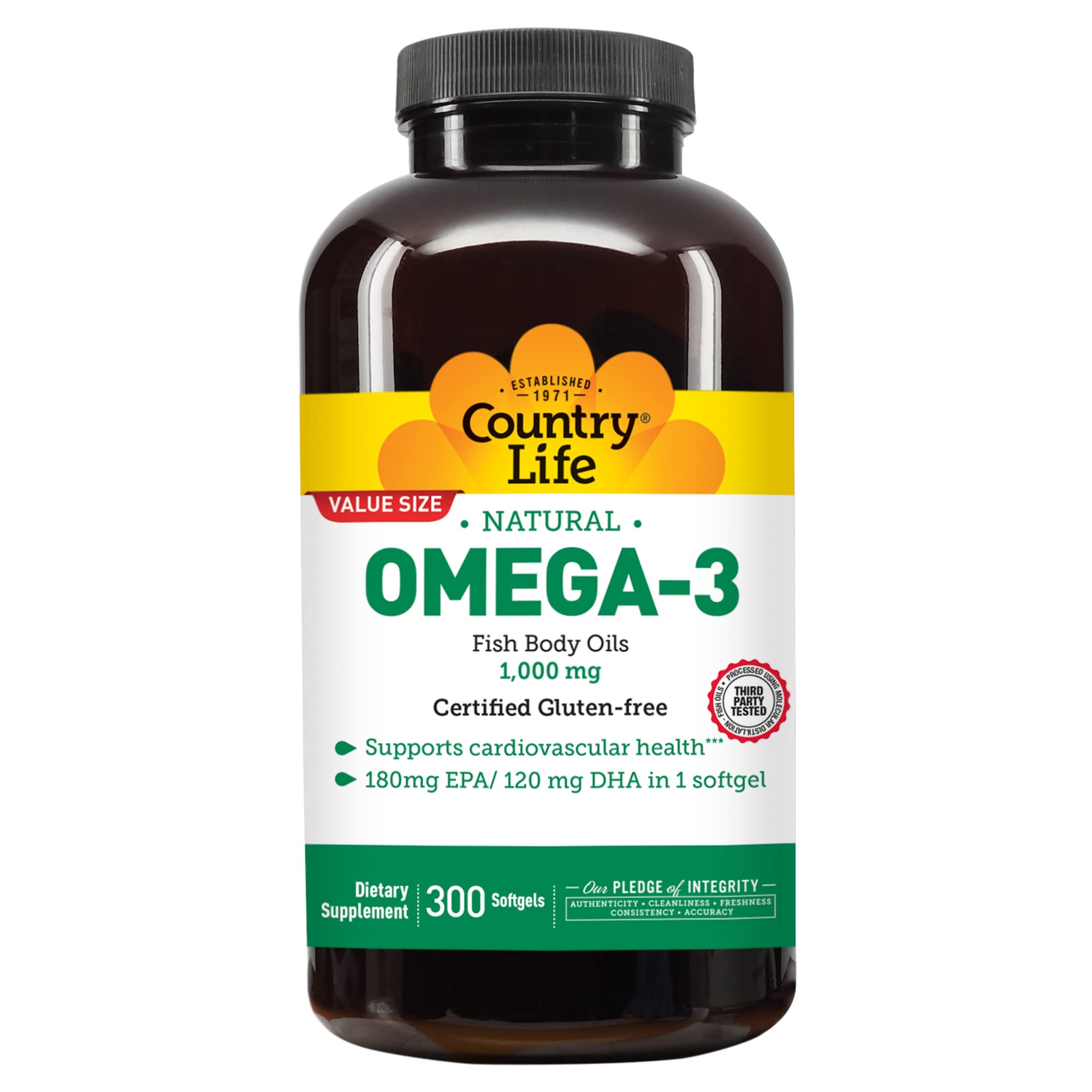 Country Life Omega-3 Fish Oil Supplement, 1000mg, 180mg EPA & 120mg DHA, Fish Oil Concentrate, Burpless, 300 Softgels, Certified Gluten Free