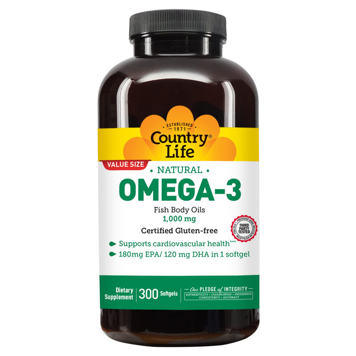 Country Life Omega-3 Fish Oil Supplement, 1000mg, 180mg EPA & 120mg DHA, Fish Oil Concentrate, Burpless, 300 Softgels, Certified Gluten Free