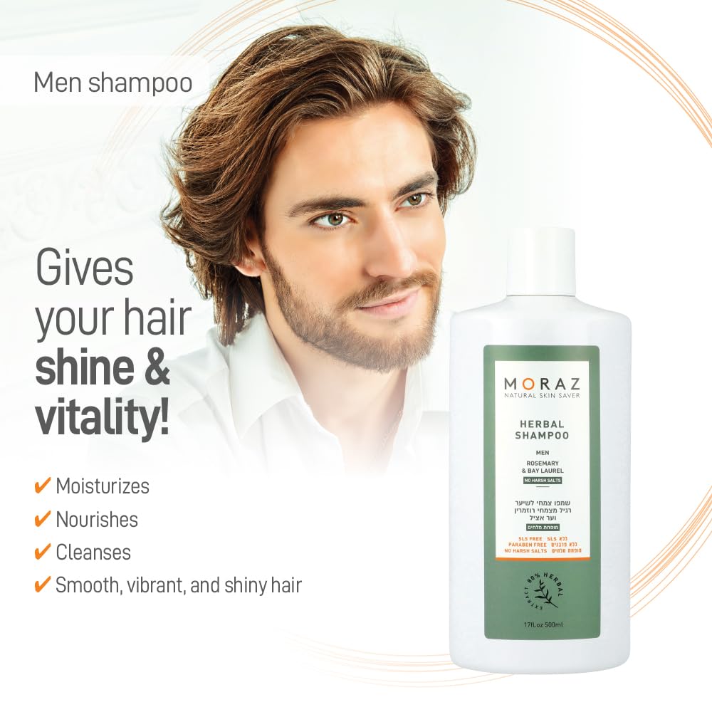 Moraz Herbal Shampoo for Men – Bay Laurel & Rosemary Shampoo for Thinning Hair, SLS & Paraben Free – Nourishing Hair Thickening Shampoo - Sebum Balancing, Volumizing Shampoo for Healthy Hair, 17 Fl Oz