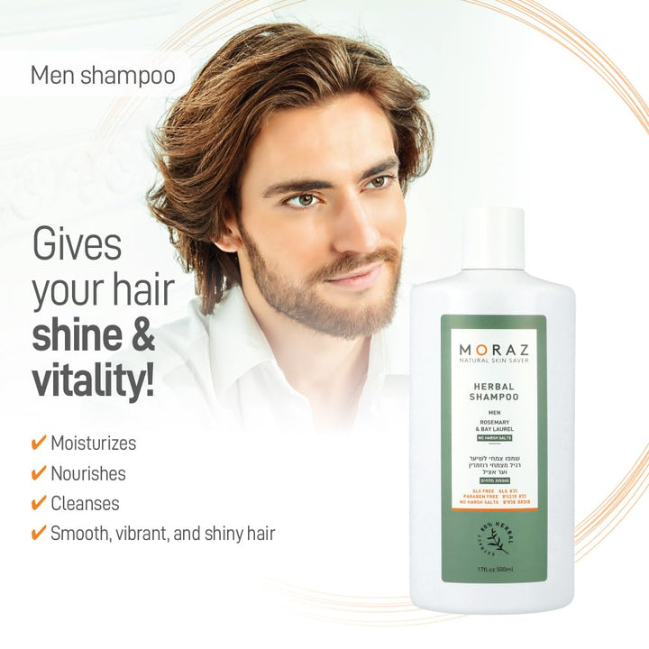 Moraz Herbal Shampoo for Men – Bay Laurel & Rosemary Shampoo for Thinning Hair, SLS & Paraben Free – Nourishing Hair Thickening Shampoo - Sebum Balancing, Volumizing Shampoo for Healthy Hair, 17 Fl Oz