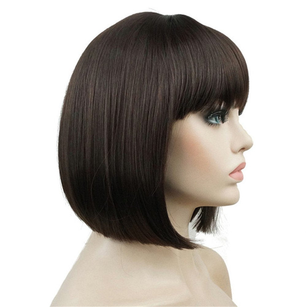 #6-Chestnut Brown: Aimole Short Straight Bob Wig Cute Flat Bangs Synthetic Full Women Wigs(6-Chestnut Brown)
