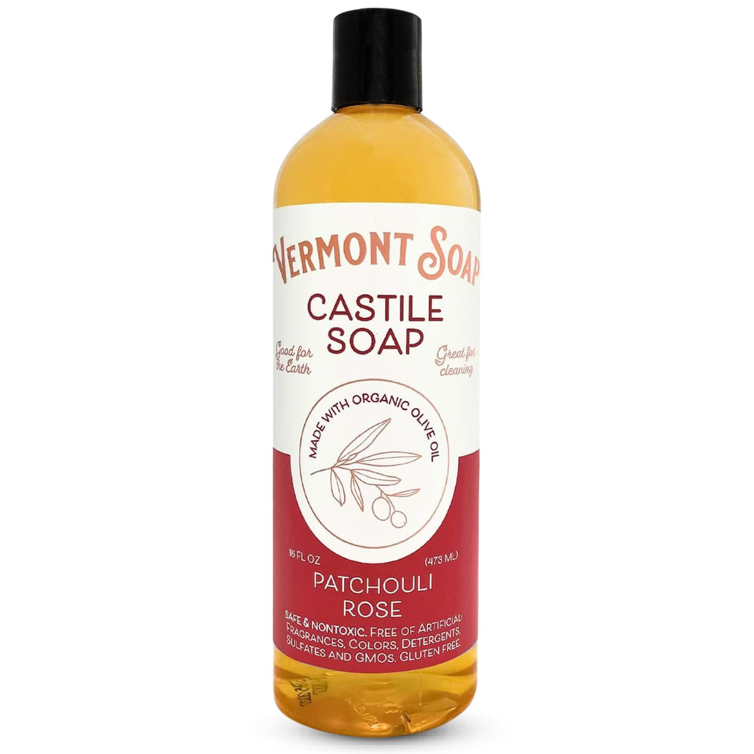 Vermont Castile Soap Patchouli Rose, Gentle Liquid Soap for Sensitive Skin & Natural Body Wash, Organic Hair Shampoo for Oily Hair, Aloe Castile Soap for Men & Women - 16 Oz