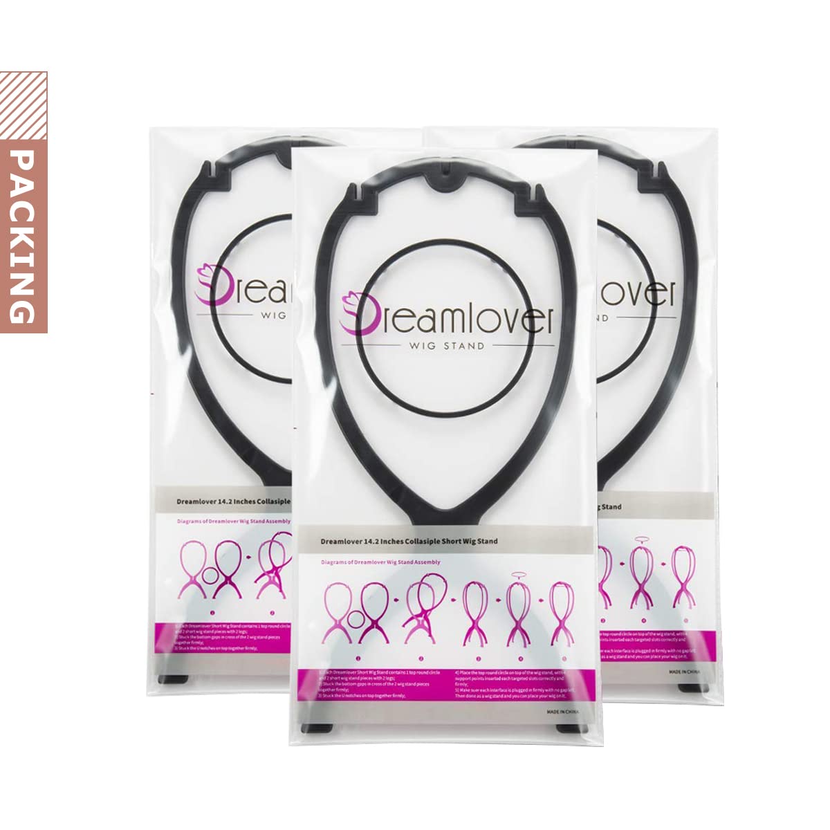 Dreamlover 3 Pack Tall Wig Stands for All Wigs, 14.2 Inches Portable Collapsible Wig Dryer, Durable Wig Display Tool, Travel Wig Stands (Black)