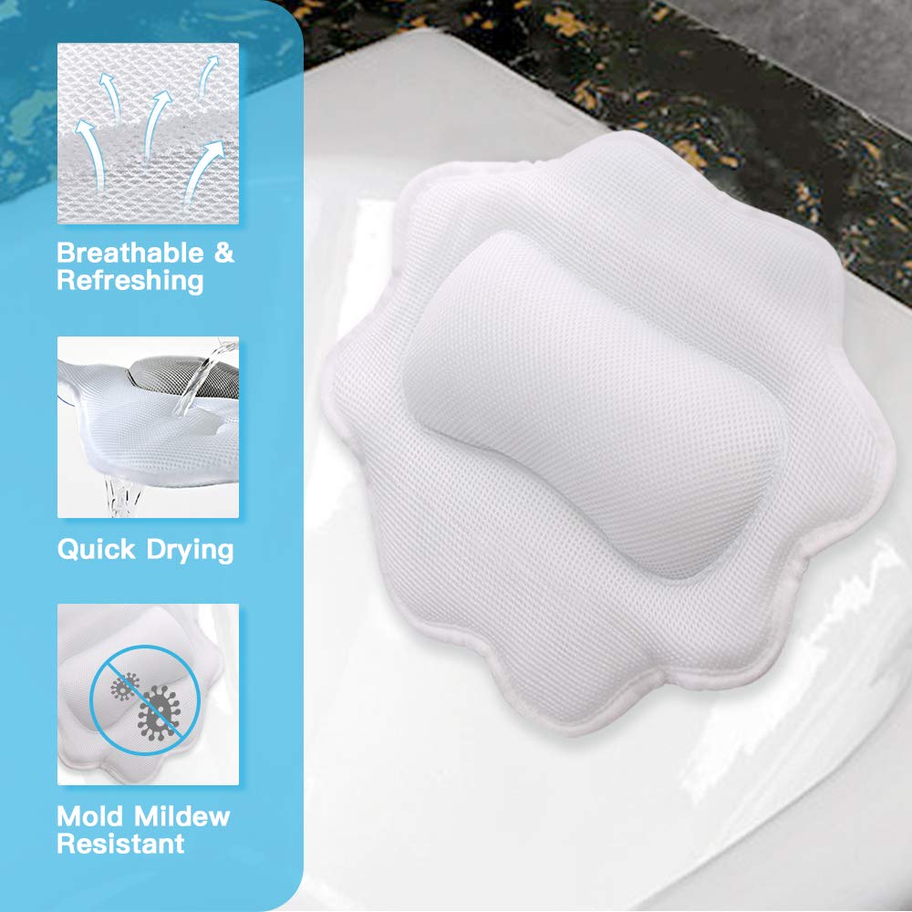 Bathtub Spa Pillow, Non-Slip 4 Strong Suction Cups, Bath Pillows for Tub, Head, Neck, Shoulder Support, Breathable Relax Comfort