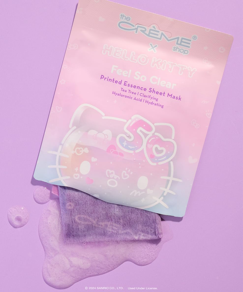 The Crème Shop x Hello Kitty Feel So Clear Printed Essence Sheet Mask, Clarifying and Hydrating Face Mask with Tea Tree and Hyaluronic Acid - 50th Year Anniversary Limited Edition - (Pack of 12)
