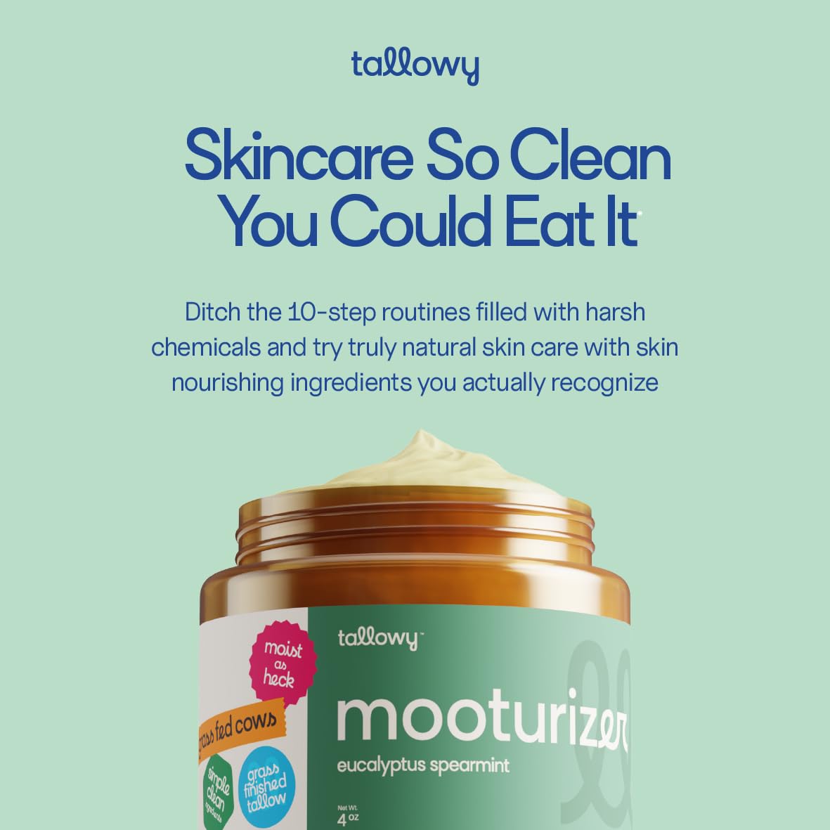 Whipped Beef Tallow Balm, 4oz, 100% Grass Fed Grass Finished, Face Moisturizer & Body Cream, Beef Fat Lip Balm & Natural Honey Lotion for Sensitive Skin (4oz, Eucalyptus Spearmint)