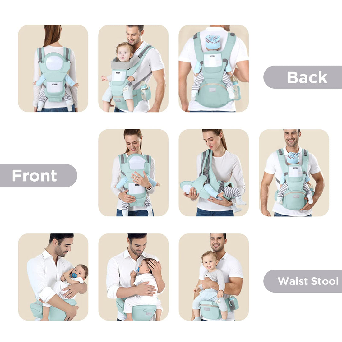 Huifen Baby Carrier with Hip Seat, Multi-Functional 9 in 1 Baby Wrap Carrier Newborn to Toddler for All Seasons Ergonomic Baby Sling Carrier Hands Free Baby Backpack 7-45 lbs (Green)