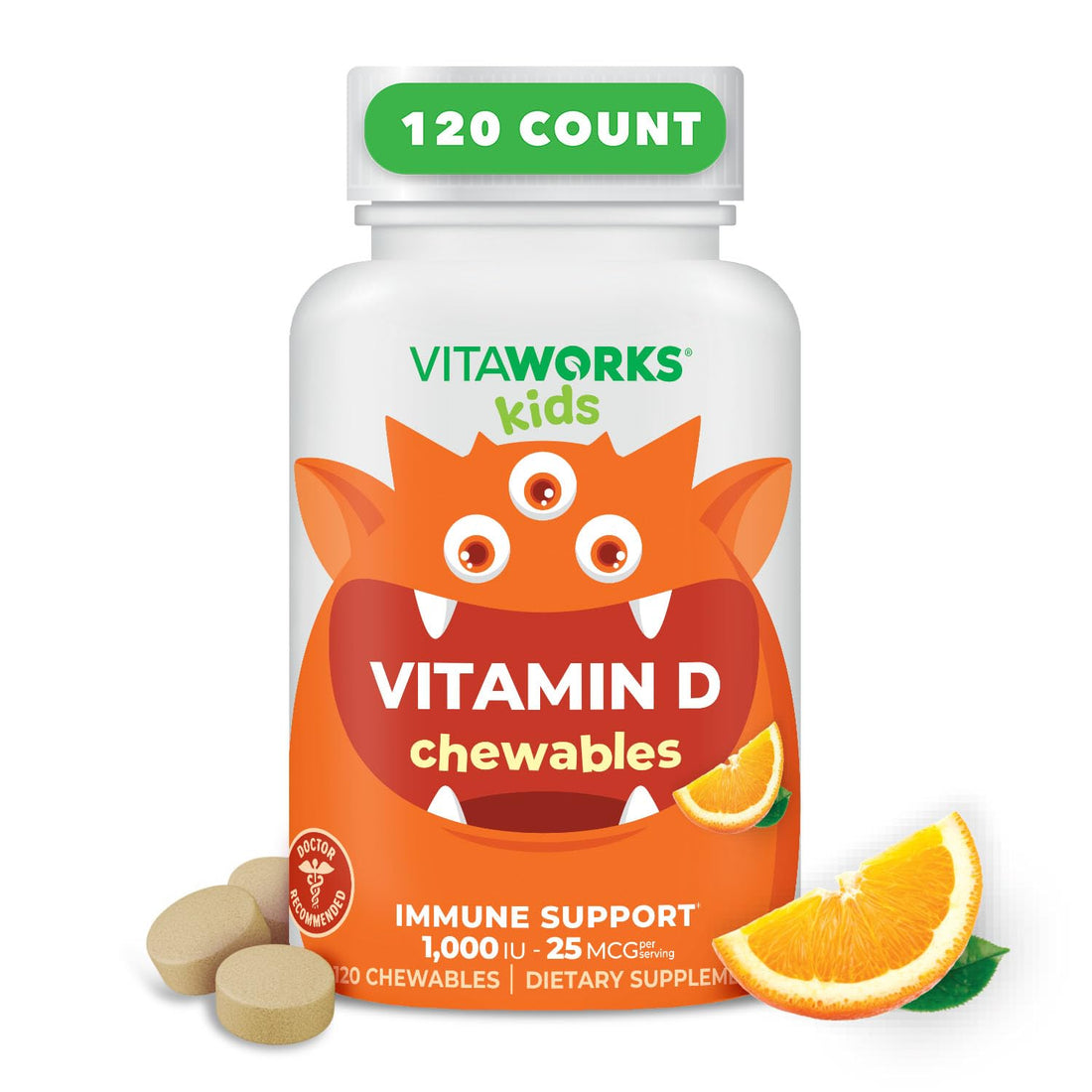 VitaWorks Kids Vitamin D 1000 IU Chewable Tablets - Tasty Natural Orange Flavor - Vegan, GMO-Free, Gluten Free, Nut Free Vitamins - Dietary Supplement for Immune Support - for Children - 120 Chewables
