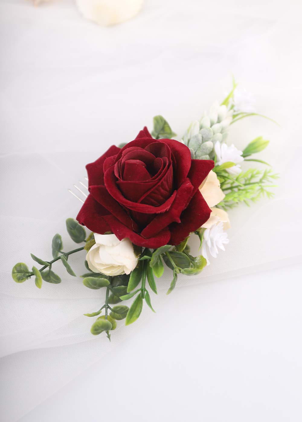 Kercisbeauty Red Floral Hair Clip Burgundy Wedding Hair Comb Headband for Brides Garden Wedding Bridal Bridesmaide Headpiece Flower Girl Hair Dress