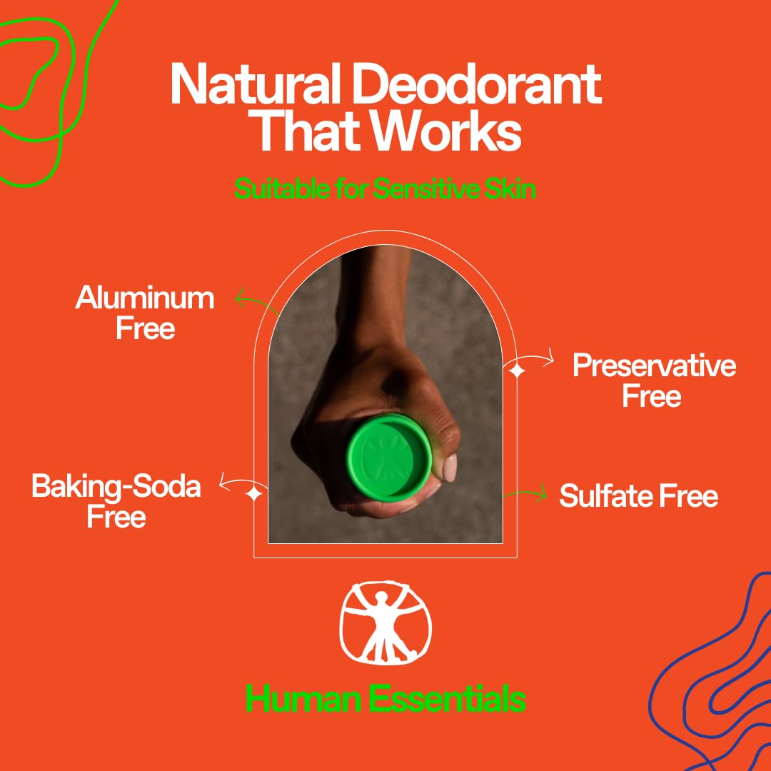 Human Essentials Natural Deodorant | Alumium Free, Plant-Based, Baking Soda & Plastic Free | Long-Lasting Protection for Sensitive Skin | Vegan and Eco-Friendly MADE IN USA