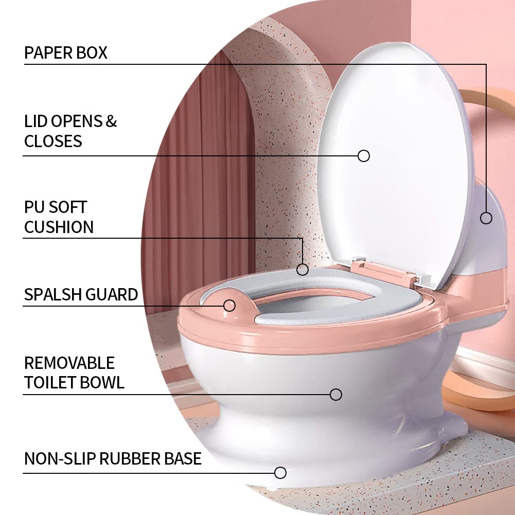 Potty Training Toilet, Realistic Potty Training Seat, Toddler Potty Chair with Soft Seat, Removable Potty Pot, Toilet Tissue Dispenser and Splash Guard, Non-Slip for Toddler& Baby&Kids White, Pink