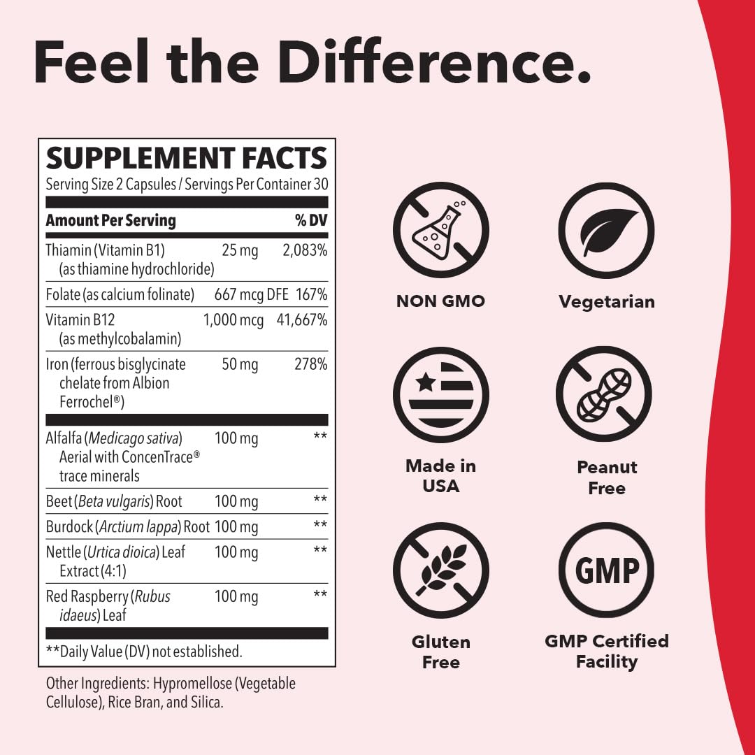 LifeSeasons Blood Nourish-R - Iron Deficiency Supplement - Non Constipating - Supports Anemia, Fatigue, Paleness & Dizziness - Blood Building - Iron, Alfalfa, Beet Root & Vitamin B-12-60 Capsules