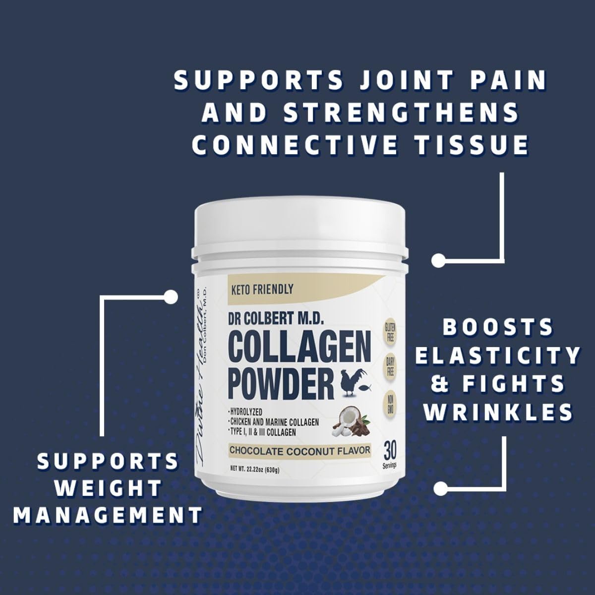 Divine Health Hydrolyzed Collagen Powder | Chocolate Coconut Flavor | Type I, II, III Collagen Peptides | Recommended in Dr. Colbert's Keto Zone Diet | Healthy Hair, Skin, Nails | 30 Servings