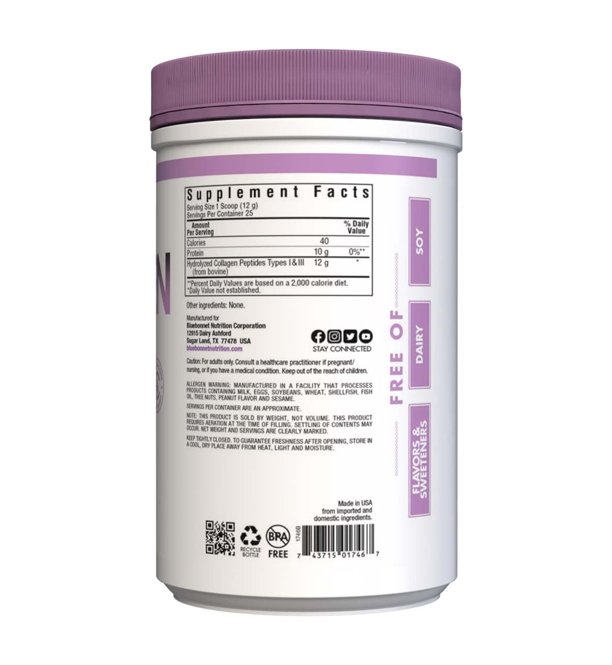 BlueBonnet Nutrition Hydrolyzed Collagen Powder, Supports Hair, Skin, and Nails*, Soy-Free, Gluten-Free, Non-GMO, Grass-fed Cows, Pasture Raised, 10.58 oz, 25 Servings, Unflavored, Unsweetened