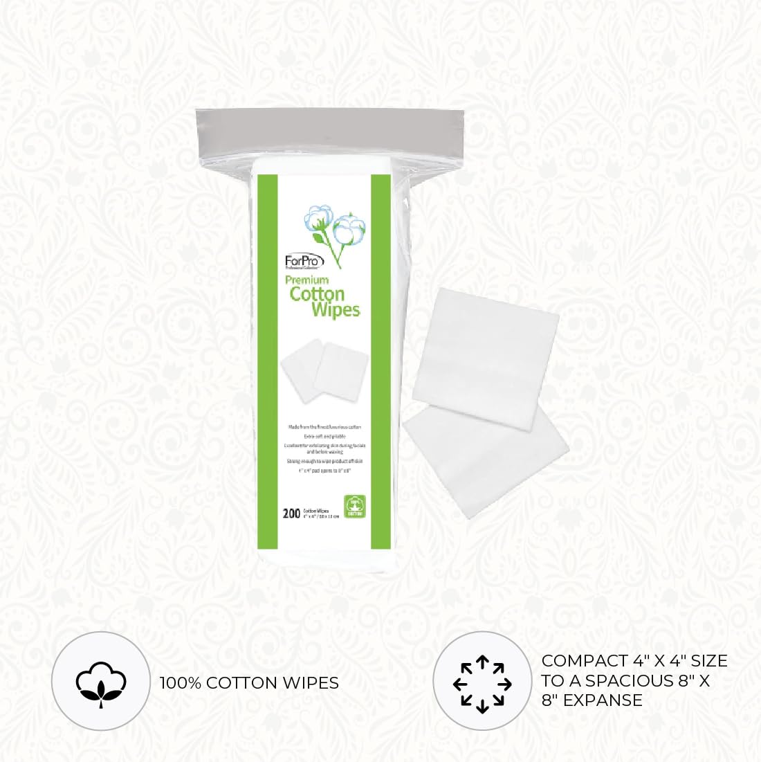 ForPro Premium Cotton Wipes, 100% Cotton, Extra-Soft, for Cosmetic, Nail, and Personal Care, 4ââ‚¬Â x 4ââ‚¬Â, 200-Count