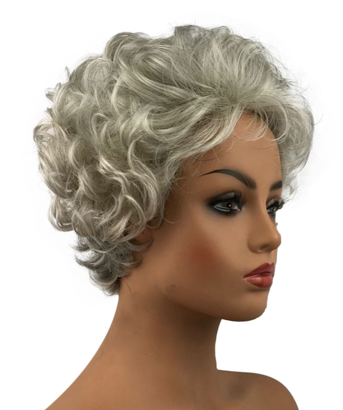 Wiginway Women Lady Mommy Grandmother Short Curly Wigs Gray White Layered Elegant Wig Hairpieces 6 Inch