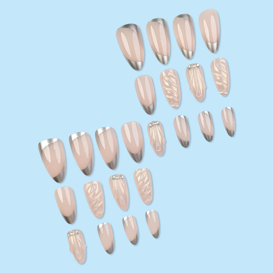 RIICFDD Medium Almond Press on Nails French Tip Fake Nails Sliver Tip Acrylic Nails 3D Water Ripple Glue on Nails Pearl Nail Charms Full Cover Reusable False Nails for Women Nail Art 24 Pcs