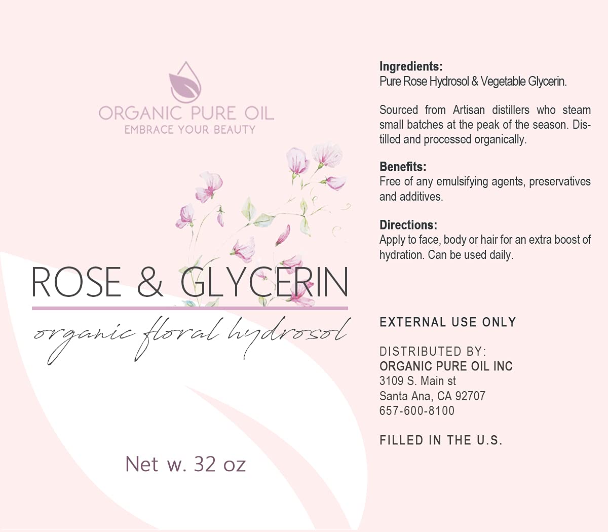 Rosewater Glycerin Mist Toner Bulk Spray Facial Body Floral Cleanser Pure Rose Hydrosol Vegetable Glycerine Moisturizing Cleansing Toning Mix Face Skin Hair Body - Packaging May Vary (32 Ounces)