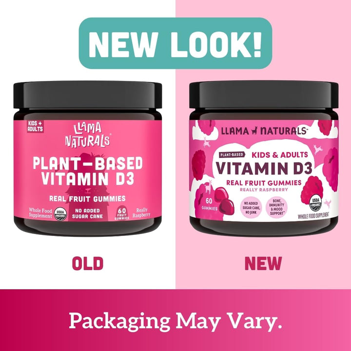 Llama Naturals Vitamin D3 Gummies for Kids & Adults, Real Fruit Gummy Vitamins for Immune Support, Healthy Bones & Overall Health, Organic, Vegan, No Sugar Added, Raspberry, 60 Ct (30-60 Day Supply)