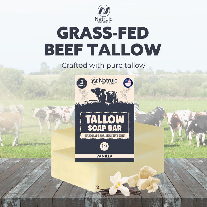 Beef Tallow Soap Bar – All Natural Grass Fed Tallow Soap Vanilla – Moisturizing Face & Body Wash Great for Eczema, Dry, Itchy, Sensitive Skin – Handcrafted Bath Soap for Adults, Kids, Made in USA