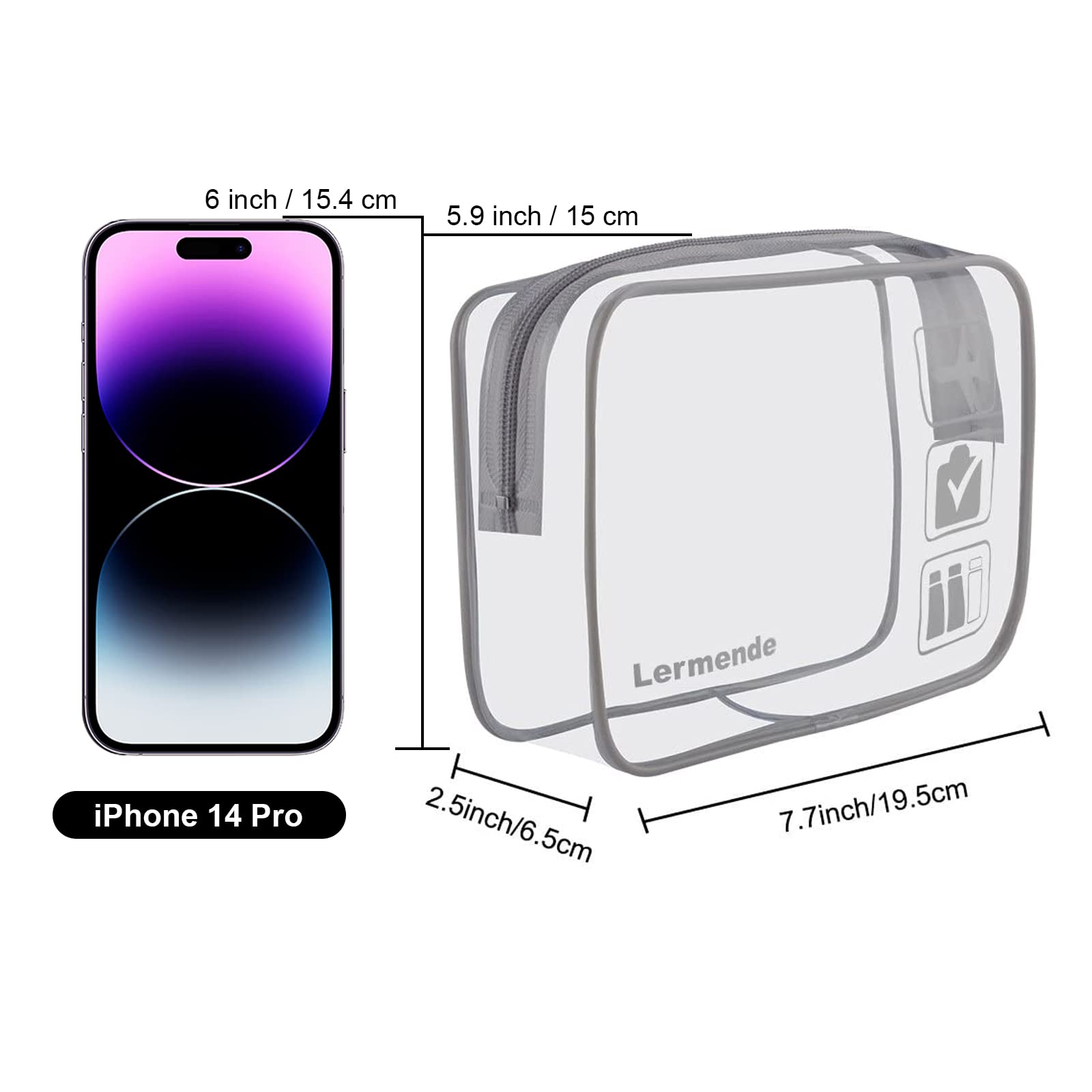 Lermende Clear Makeup Bag, TSA Approved Makeup Bag Organizer & Cosmetic Bag for Women With Zipper, Quart Size Carry On Clear Toiletry Bag Airport Compliant Toiletries For Travel (Grey)