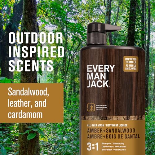 Every Man Jack Amber + Sandalwood Hydrating Mens 3-in-1 All Over Wash for All Skin and Hair Types - Body Wash, Shampoo and Conditioner with Naturally Derived Ingredients - 28.8oz (2 Pack)