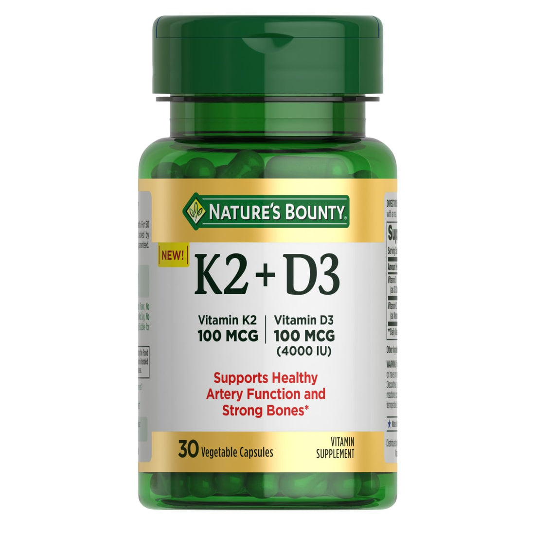 Nature’s Bounty Vitamin D3 K2 Supplement, 4000 IU Vitamin D3 plus 100 mcg of Vitamin K Supplements for Adults for Heart & Bone Health Support, 30 Day Supply, 30 Vegetarian Capsules