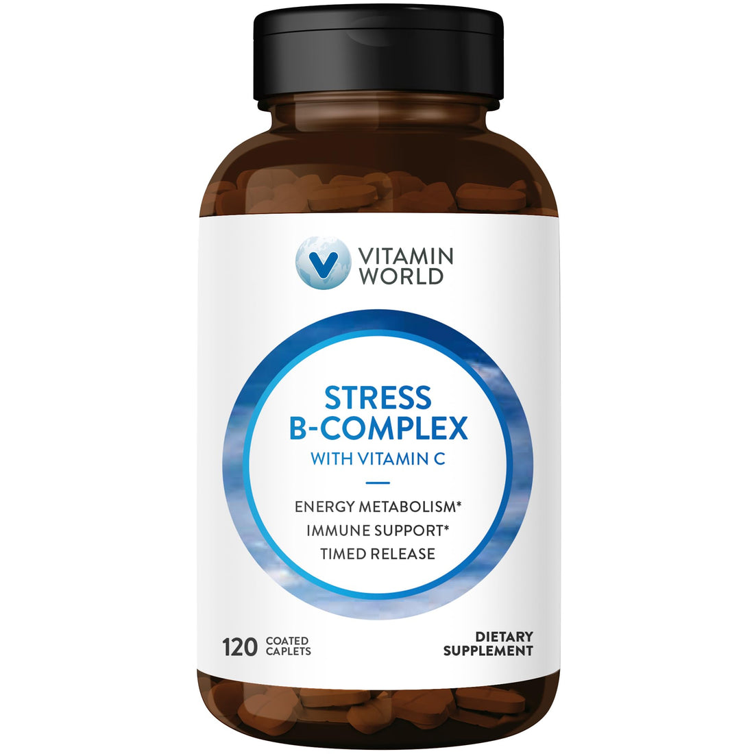 Vitamin World Stress B-Complex with 500 mg. Vitamin C Timed Release 120 Caplets, Vegetarian, Coated, Timed-Release