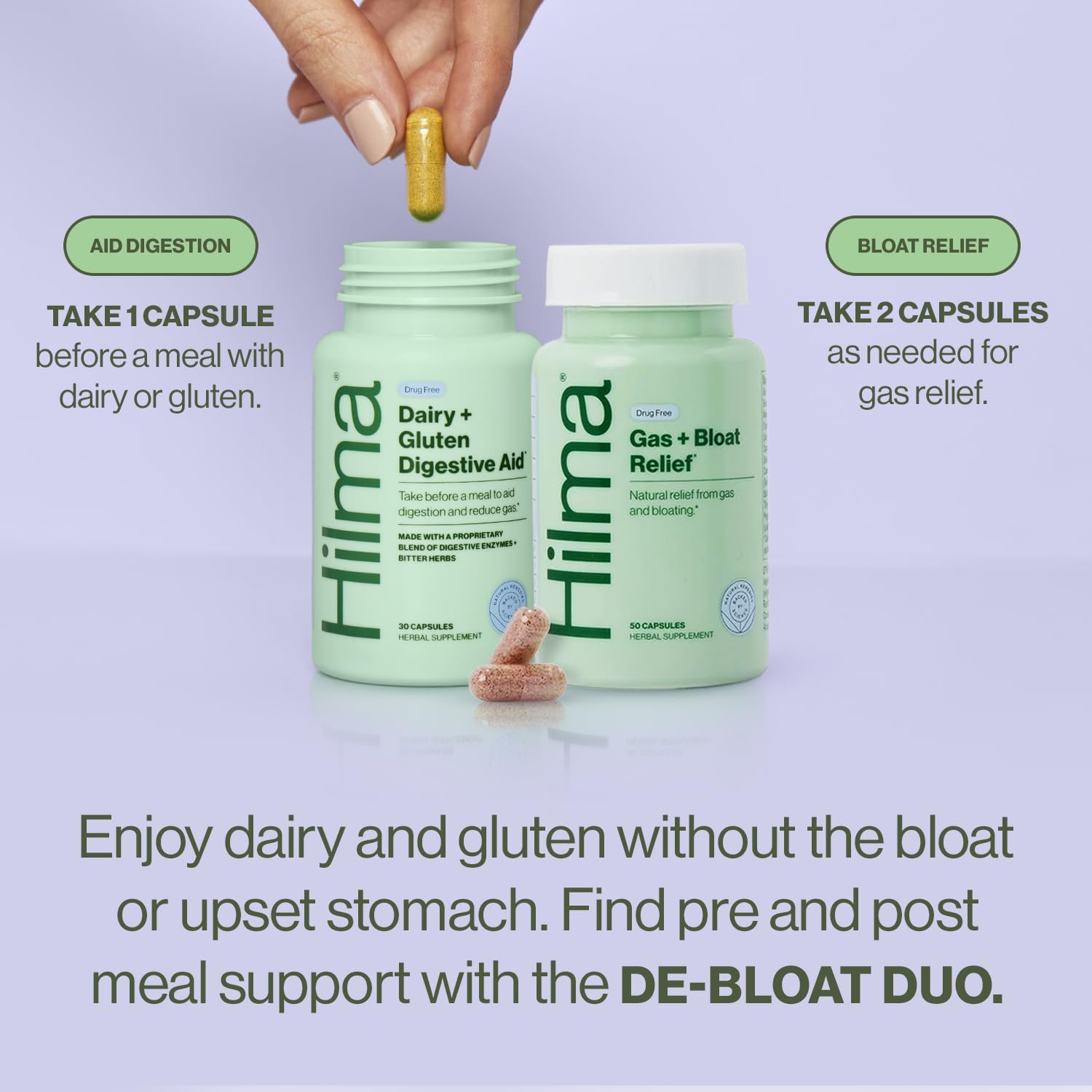 Hilma De-Bloat Bundle for Pre or Post Meal, Gas & Bloating Relief for Women (50 Vegan Capsules) with Lemon Balm & Peppermint Leaf, Digestive Enzymes for Women (30 Vegan Capsules) with Dandelion Root