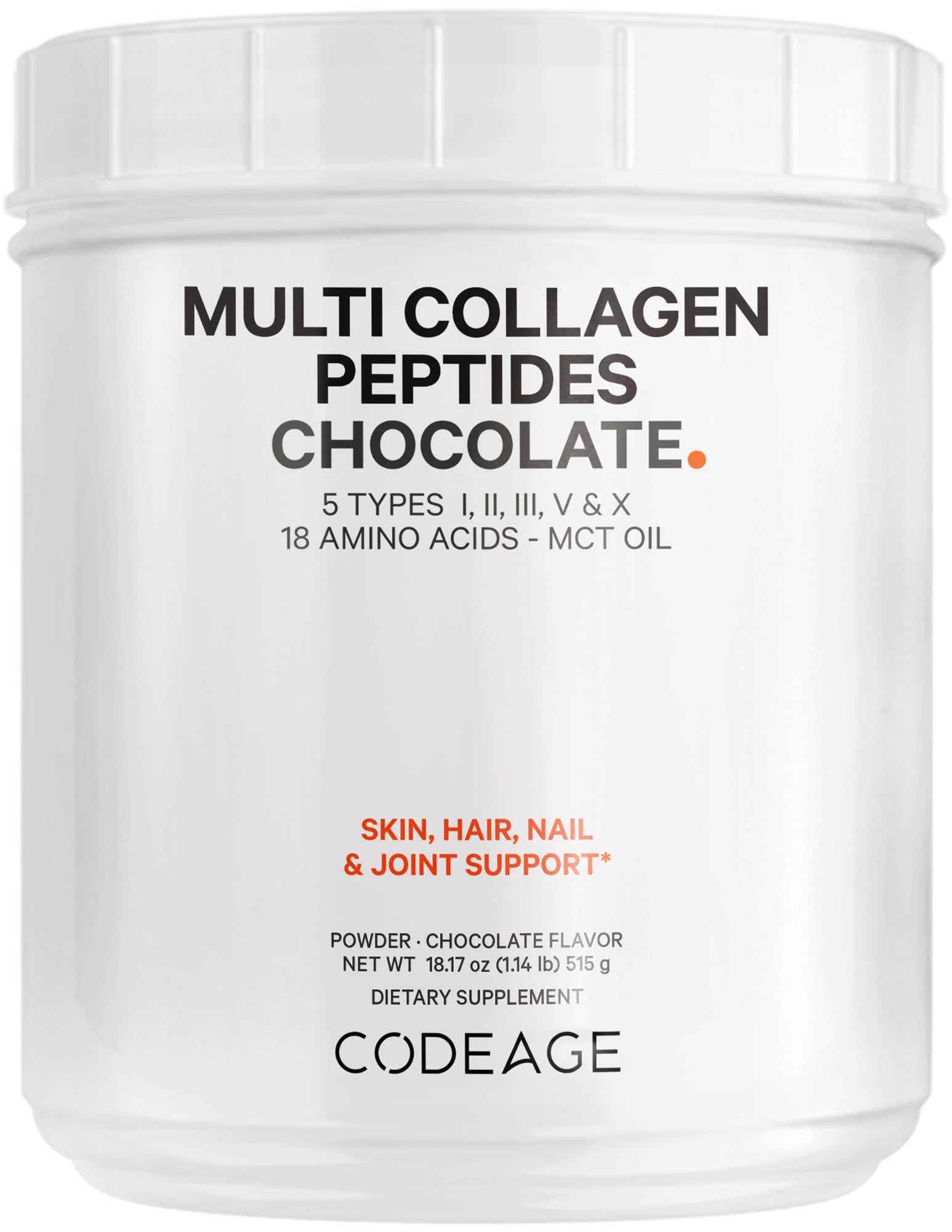 Codeage Multi Collagen Chocolate Protein Powder - Hydrolyzed Bovine Collagen Peptides, 5 Collagen Types & MCT Oil - Collagen Creamer, Chocolate Collagen Peptides - Protein Shakes - Non-GMO - 18.17 oz