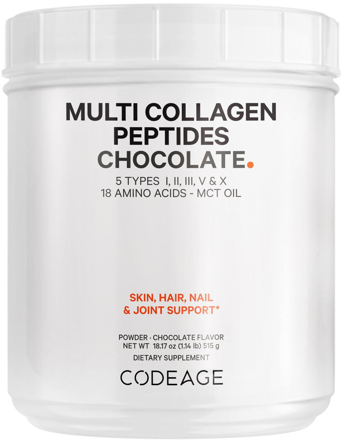 Codeage Multi Collagen Chocolate Protein Powder - Hydrolyzed Bovine Collagen Peptides, 5 Collagen Types & MCT Oil - Collagen Creamer, Chocolate Collagen Peptides - Protein Shakes - Non-GMO - 18.17 oz