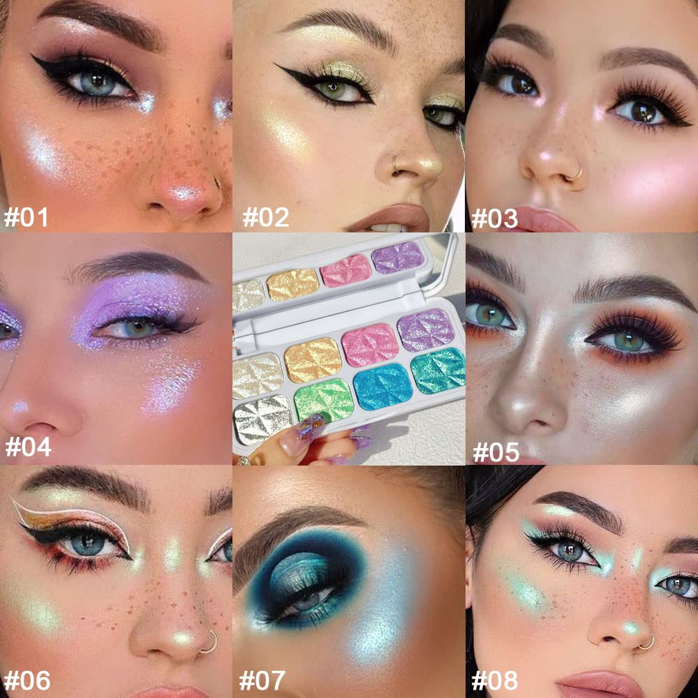 8 Color Face Cheek Highlighter Makeup Palette Shimmer Glitter Iridescent Multichrome Holographic Eyeshadow Palette Purple Rainbow Glitter Highlighter Makeup Highlight and Contour Palette Eye Makeup