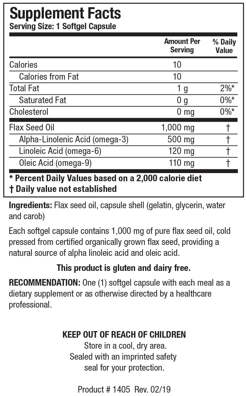 Biotics Research Flax Seed Oil Each Capsule Contains 1,000 of Pure Flax Seed Oil. Cold Pressed from Certified organically Grown Flax Seed. Heart Health. 100 Softgels