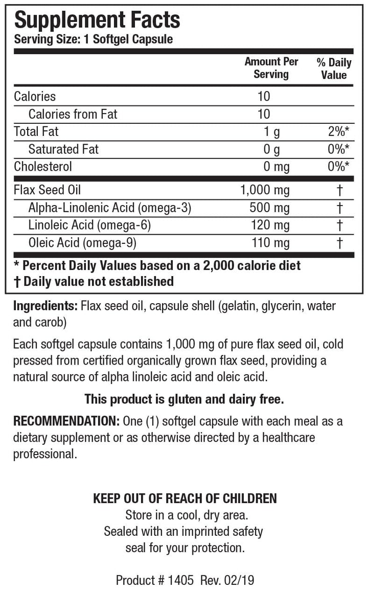 Biotics Research Flax Seed Oil Each Capsule Contains 1,000 of Pure Flax Seed Oil. Cold Pressed from Certified organically Grown Flax Seed. Heart Health. 100 Softgels