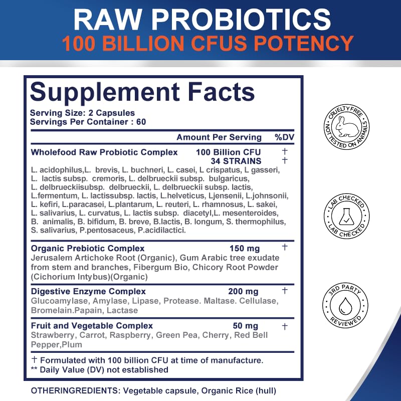 TheraSuva Probiotics 100 Billion CFU - 34 Strains + Organic Prebiotics + Digestive Enzyme + Whole Food Supplement for Ultimate Gut Health Support! 120 Softgels, 60 Day Supply