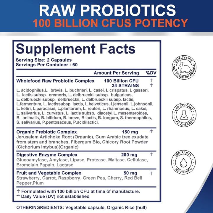 TheraSuva Probiotics 100 Billion CFU - 34 Strains + Organic Prebiotics + Digestive Enzyme + Whole Food Supplement for Ultimate Gut Health Support! 120 Softgels, 60 Day Supply