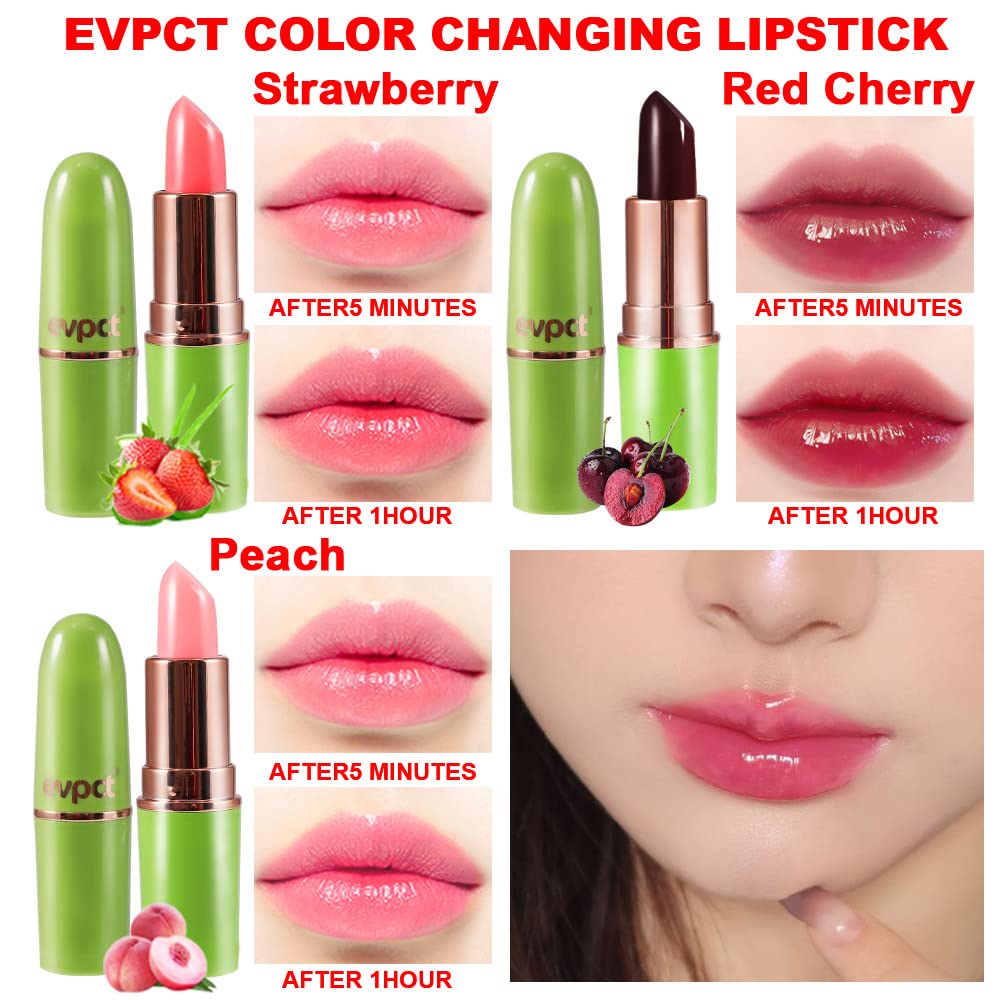 evpct 3Pcs Peach Strawberry Black Red Cherry Tinted Lip Balms PH Lip Color Changing Lipstick Stain Set Queen for Women Girls Korean Mood Long Lasting Color Change Light Pink Lipstick Lip Tint Gloss