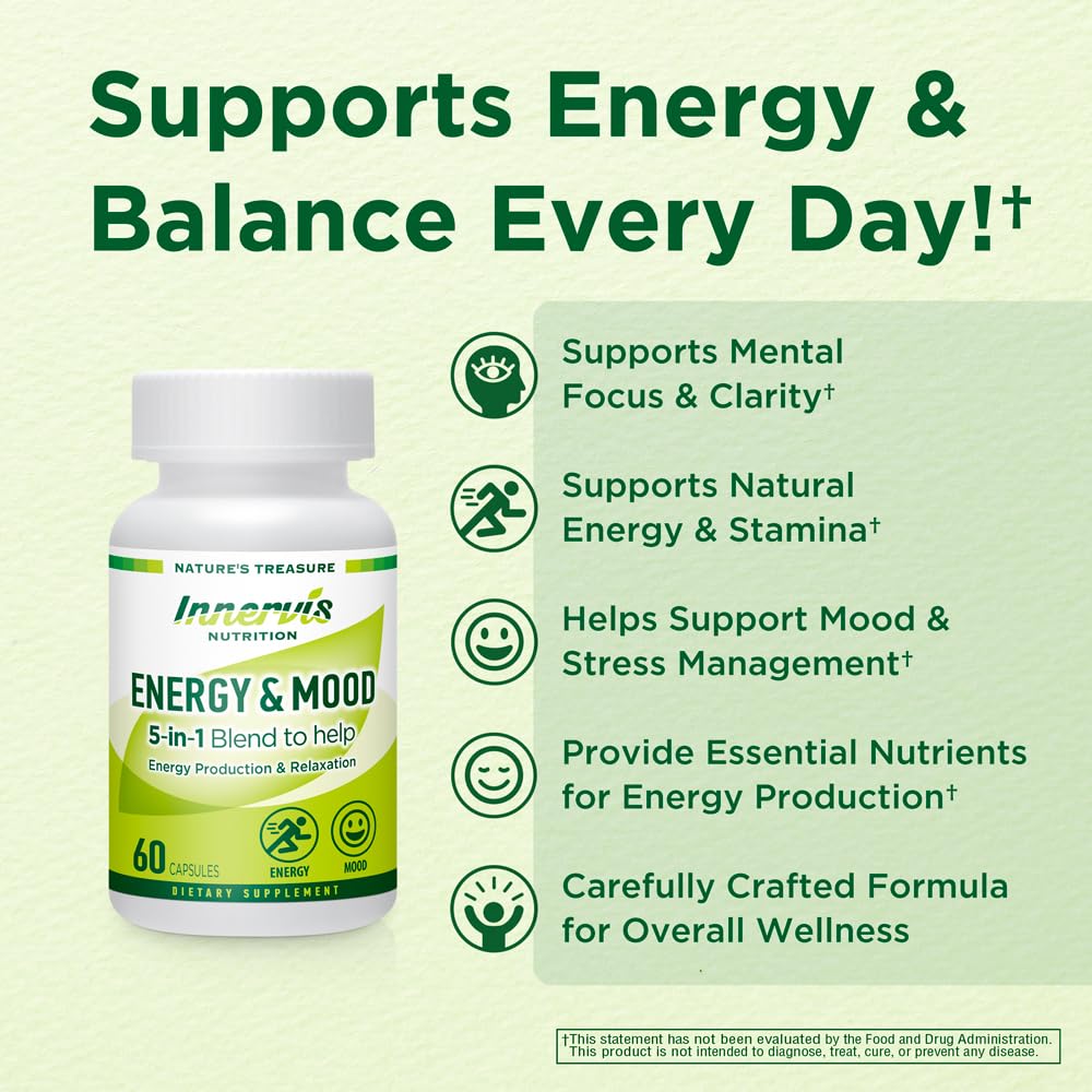 INNERVISNUTRITION Energy & Mood Supplement – 60 Capsules 5-in-1 Blend Boost Energy Production Support Relaxation Fatigue Stress Relief Formula Mood Enhancer – Non-GMO & Lab Tested