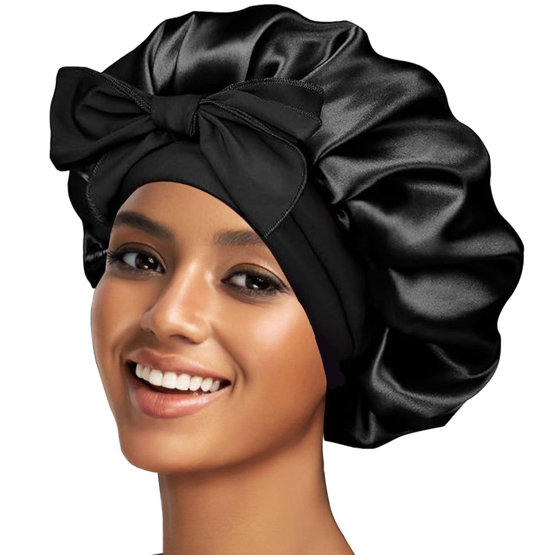 Silk Bonnet Satin Bonnet for Sleeping Large Bonnets with Tie Band Hair Wrap with Adjustable Straps Hair Cap for Women Curly Black