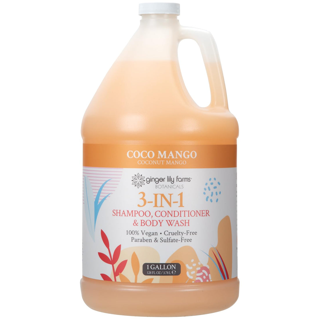 Ginger Lily Farms Botanicals 3-in-1 Shampoo, Conditioner & Body Wash, Coco Mango, 100% Vegan & Cruelty-Free, Coconut Mango Scent, 1 Gallon (128 fl oz) Refill