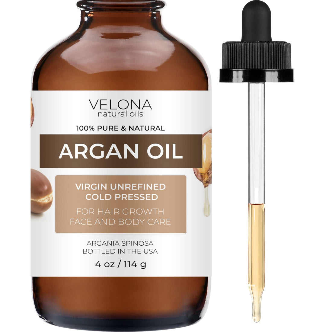 velona Argan Oil - 4 Fl Oz (With Dropper) | Morocco Oil For Hair Growth, Skin, Body and Face Care | Unrefined, Cold Pressed | 100% Natural and Moisturizing | Cap Kit