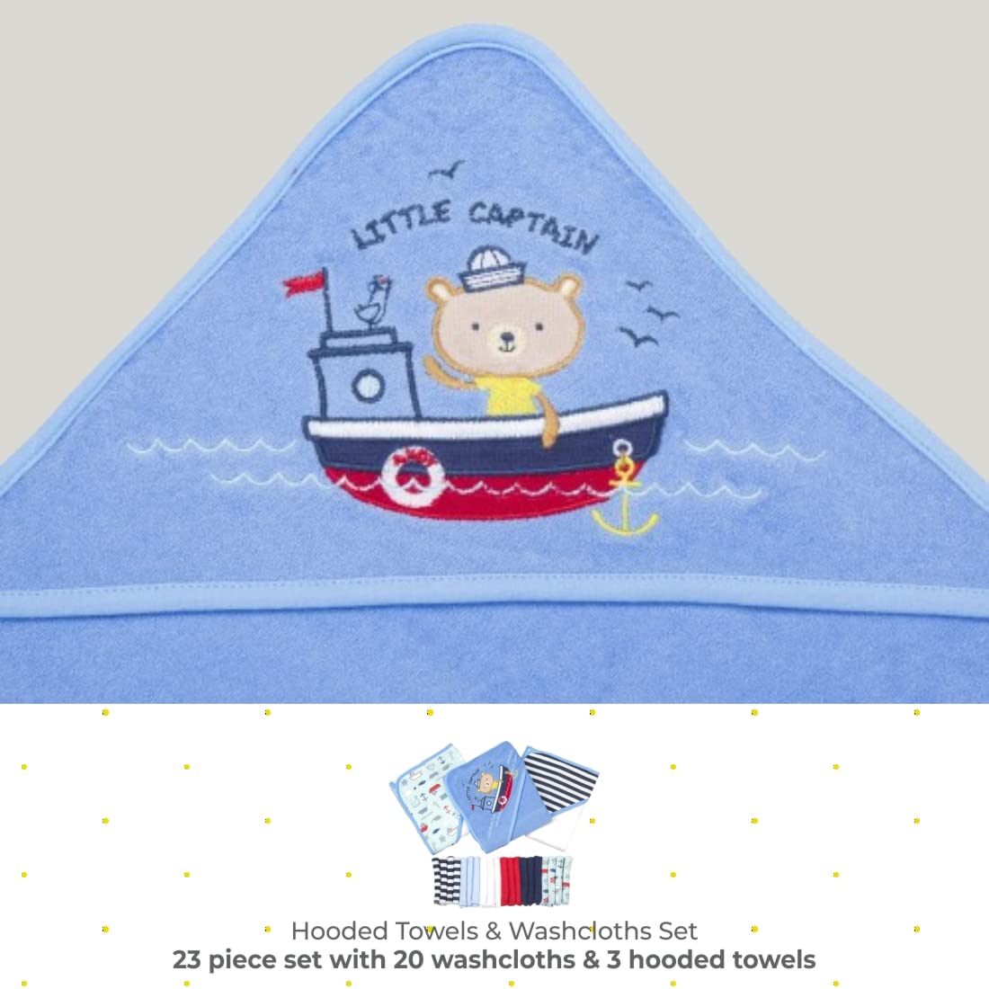 Spasilk Bath Hooded Towels & Washcloths Set for Babies, 23-Piece Gift Set, Navy Nautical, (Gift GBA23 2201)
