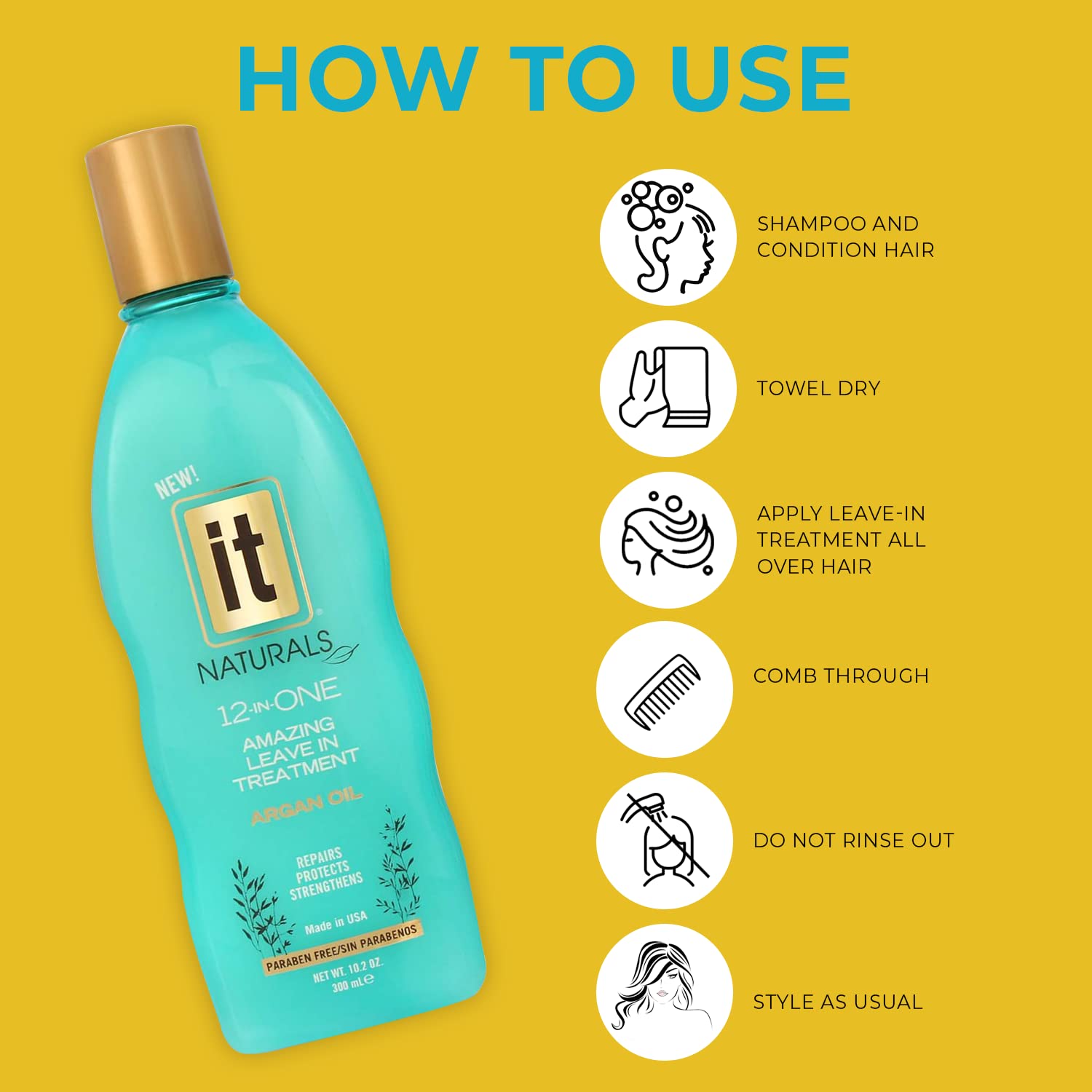 IT Naturals 12-in-ONE Amazing Leave In Treatment with Argan Oil, 10.2oz | Repairs, Protects & Strengthen Hairs | Protects from Split Ends and Breakage | Improves Hair Texture | Paraben Free